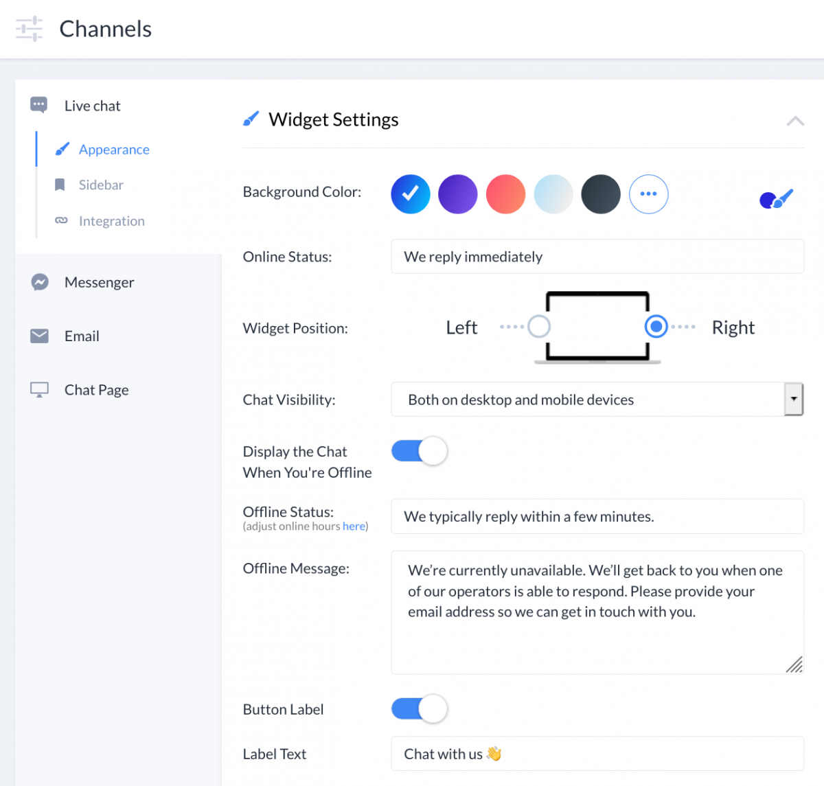 A list of available settings in the 'Widget Settings'.
