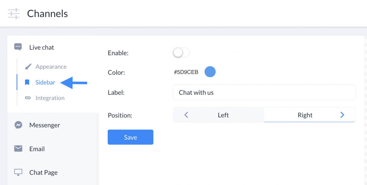 Sidebar settings panel is located after going to Channels section -> Live Chat -> Sidebar