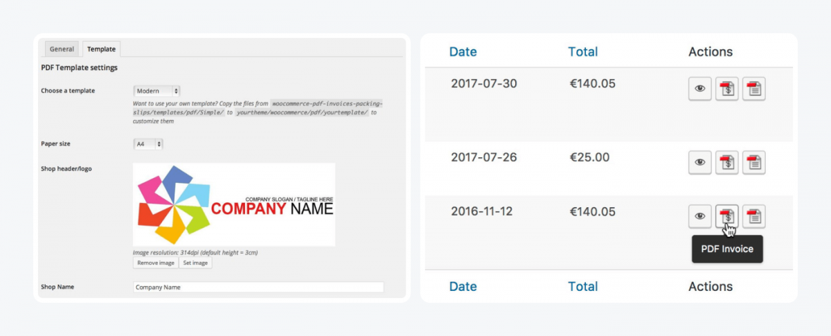 Panel previews of WooCommerce PDF Invoices & Packing Slips