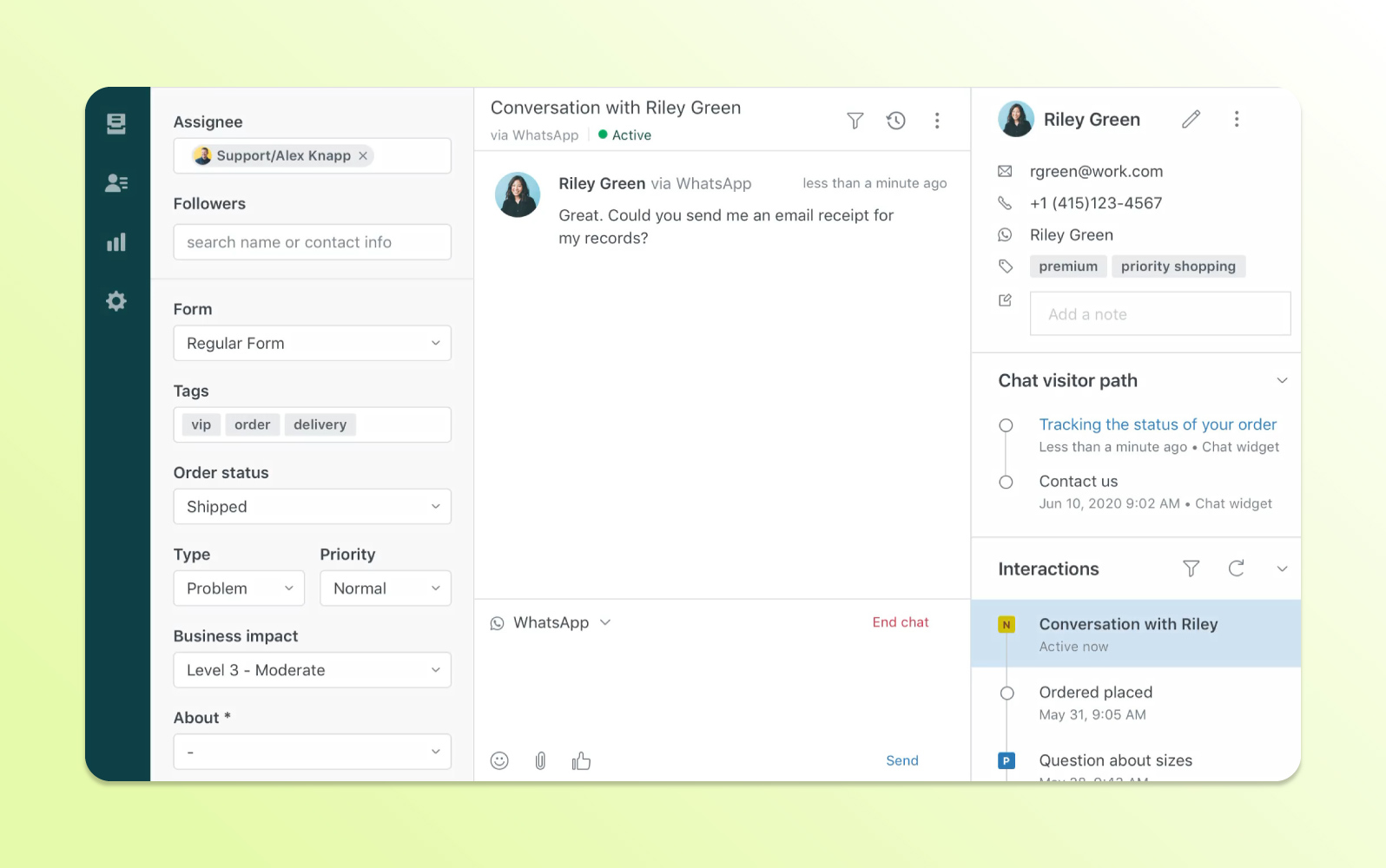 Zendesk agent workspace with a WhatsApp conversation and ticket fields