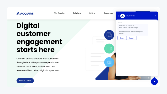 Acquire's website with their live chat widget open