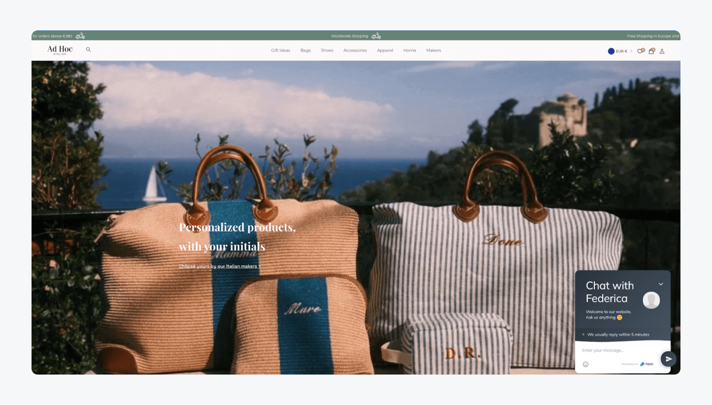 Live chat widget pops up when visitors enter Ad hoc Atelier website