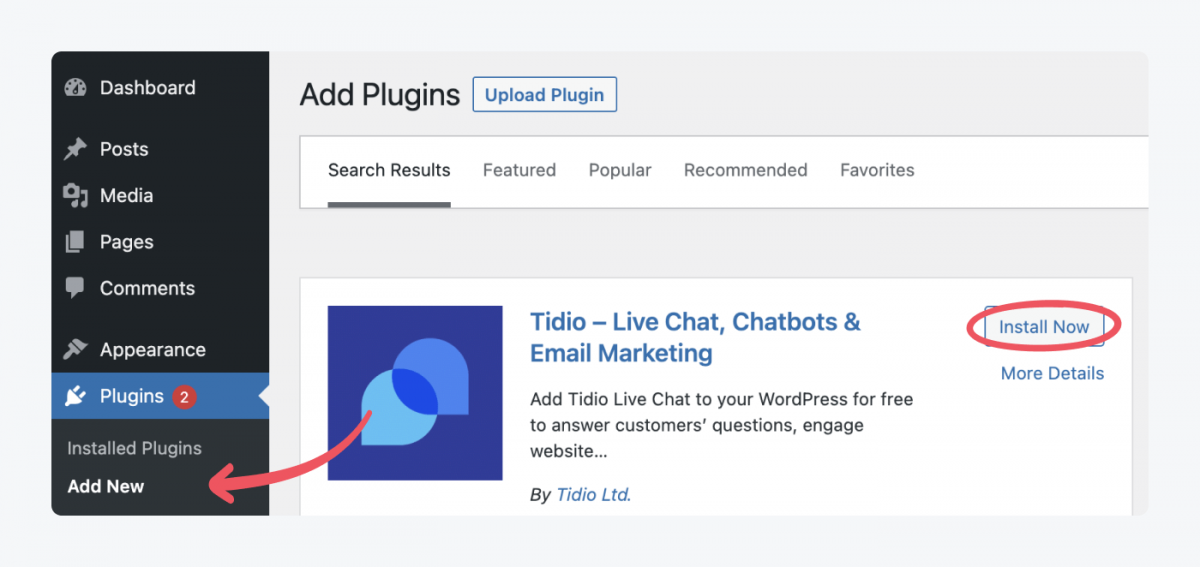 Add plugins view in wordpress with a circles Install now button for Tidio plugin