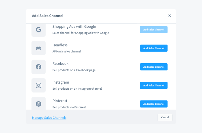 Sales channels available for Shopware stores