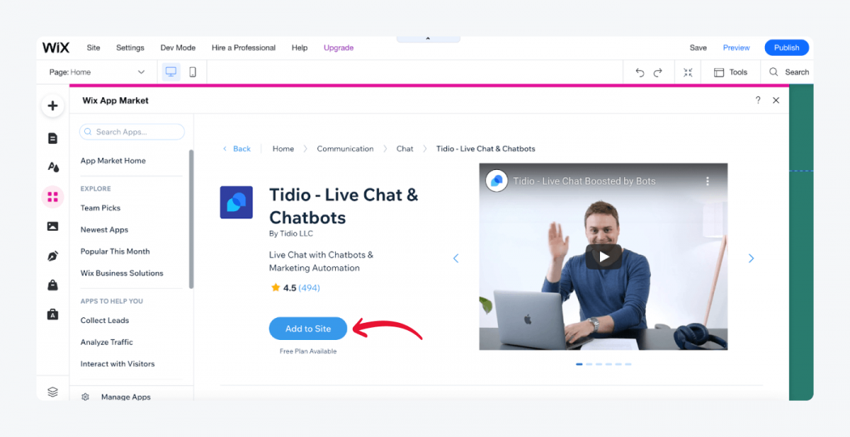 An arrow pointing to Add to Site button in Wix App Market