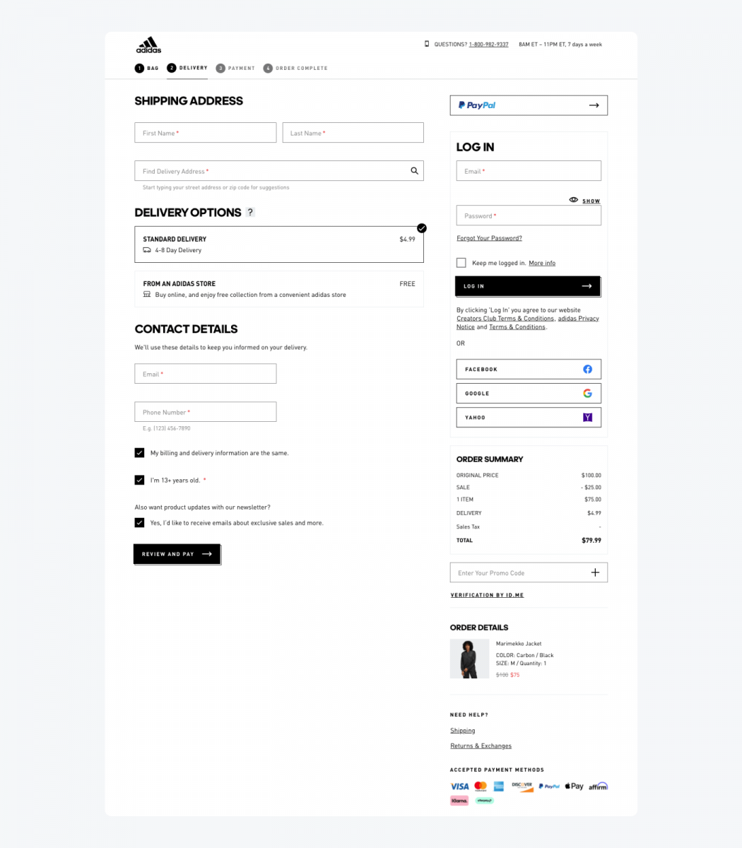 Adidas' one-page checkout page