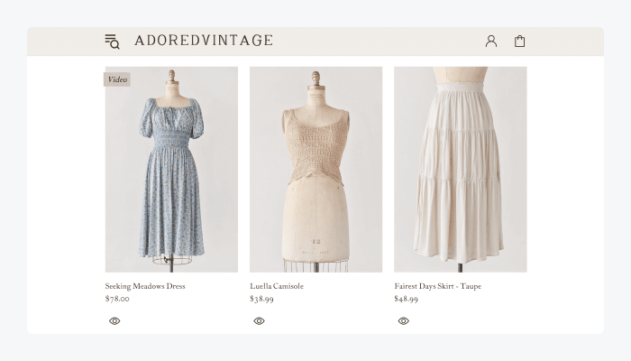 adored vintage ejemplo tienda shopify Página de inicio de Adored Vintage