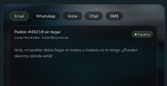 Ada Conversation Hub showing one inquiry with email, WhatsApp, voice, chat, and SMS tabs