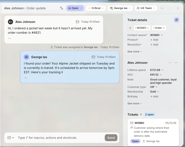 Gorgias ticket about an order update with a customer panel showing order and spend data