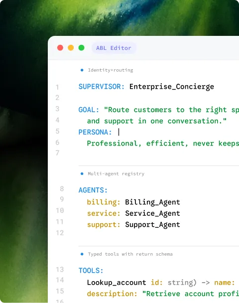 Kore.ai agent editor routing requests to billing, service, and support agents