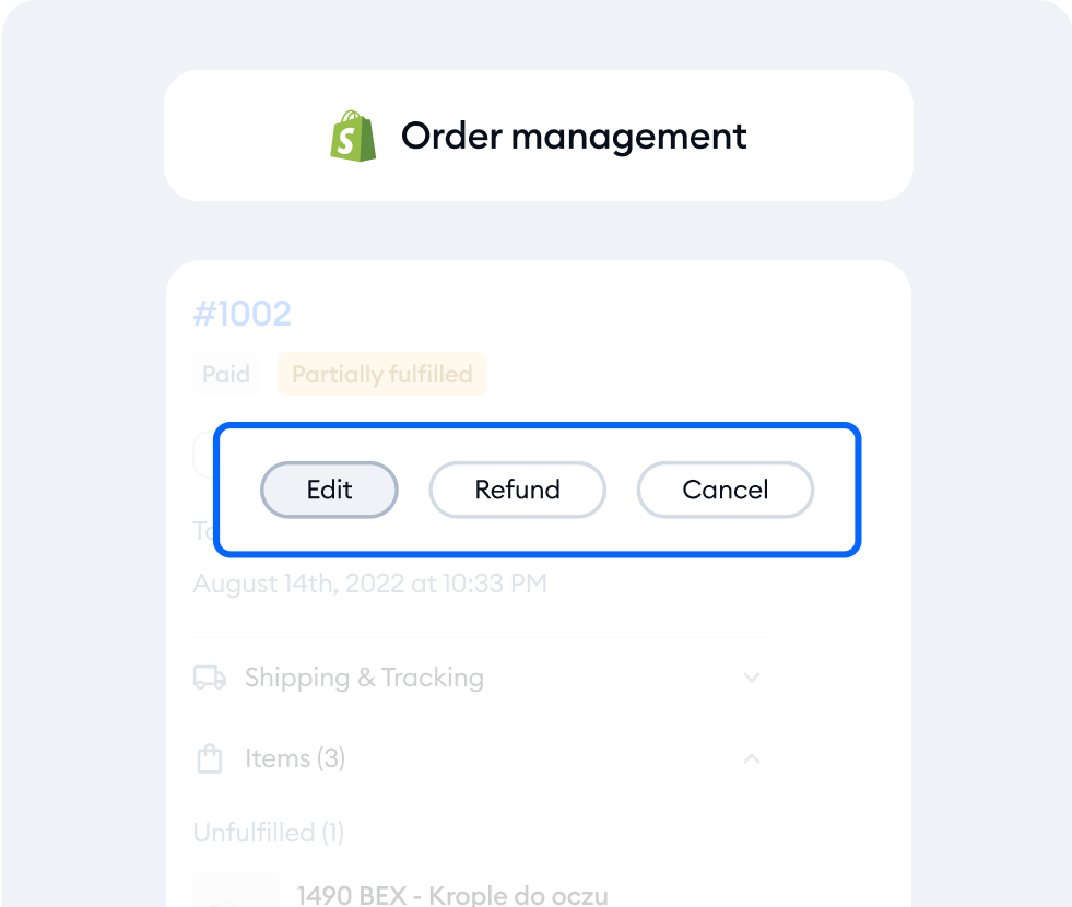 Tidio Shopify order panel with edit, refund, and cancel actions on an order