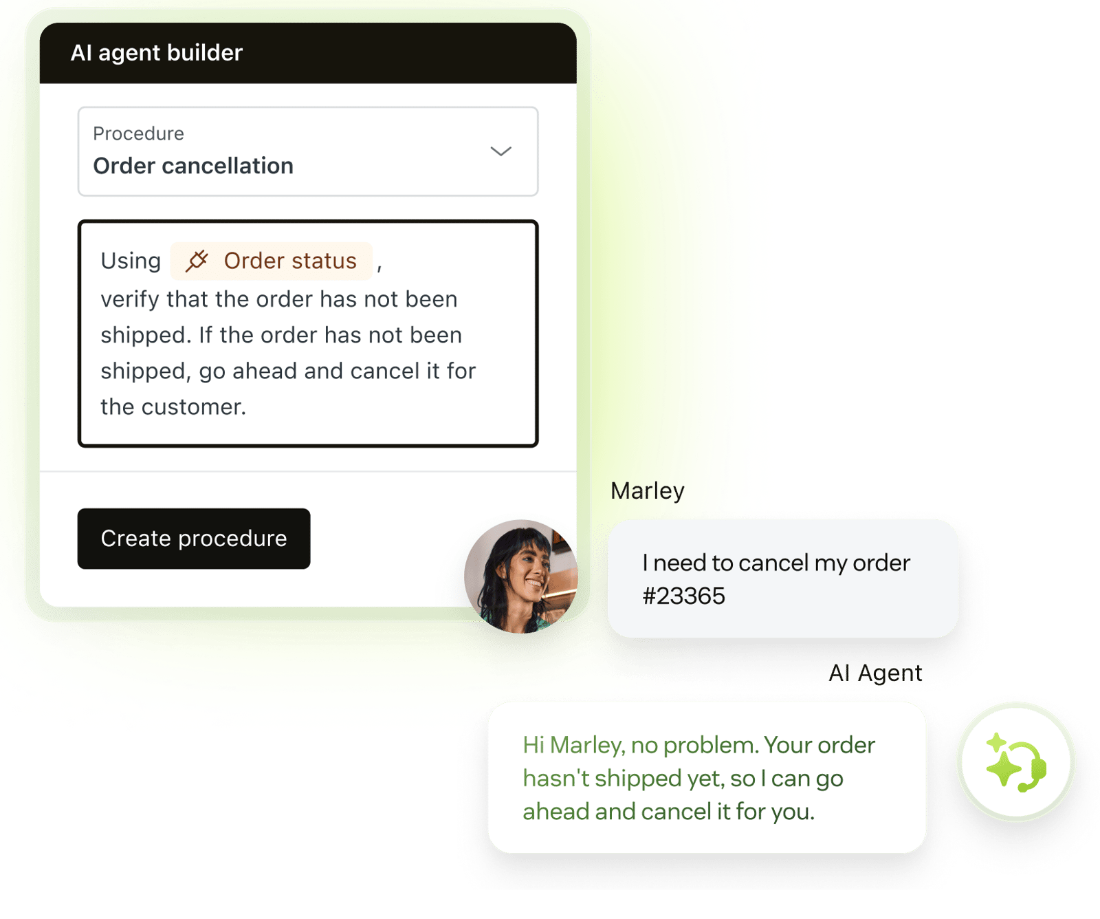 Zendesk AI agent builder with an order cancellation procedure and reply