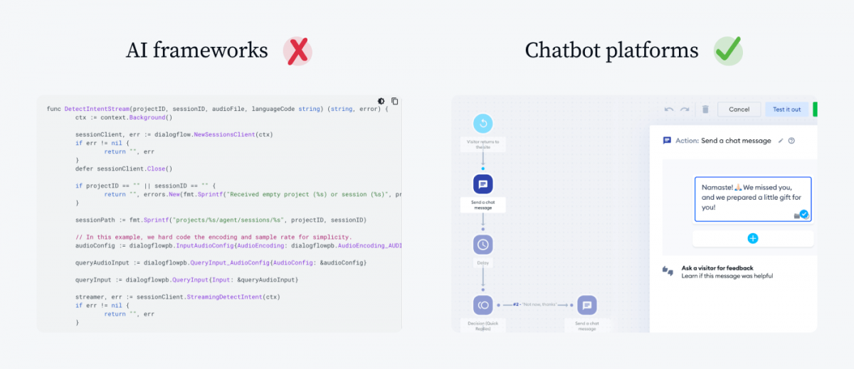 A difference between AI frameworks and chatbot platforms
