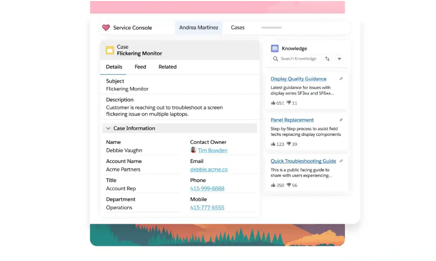 Salesforce Service Console showing a case next to related knowledge articles