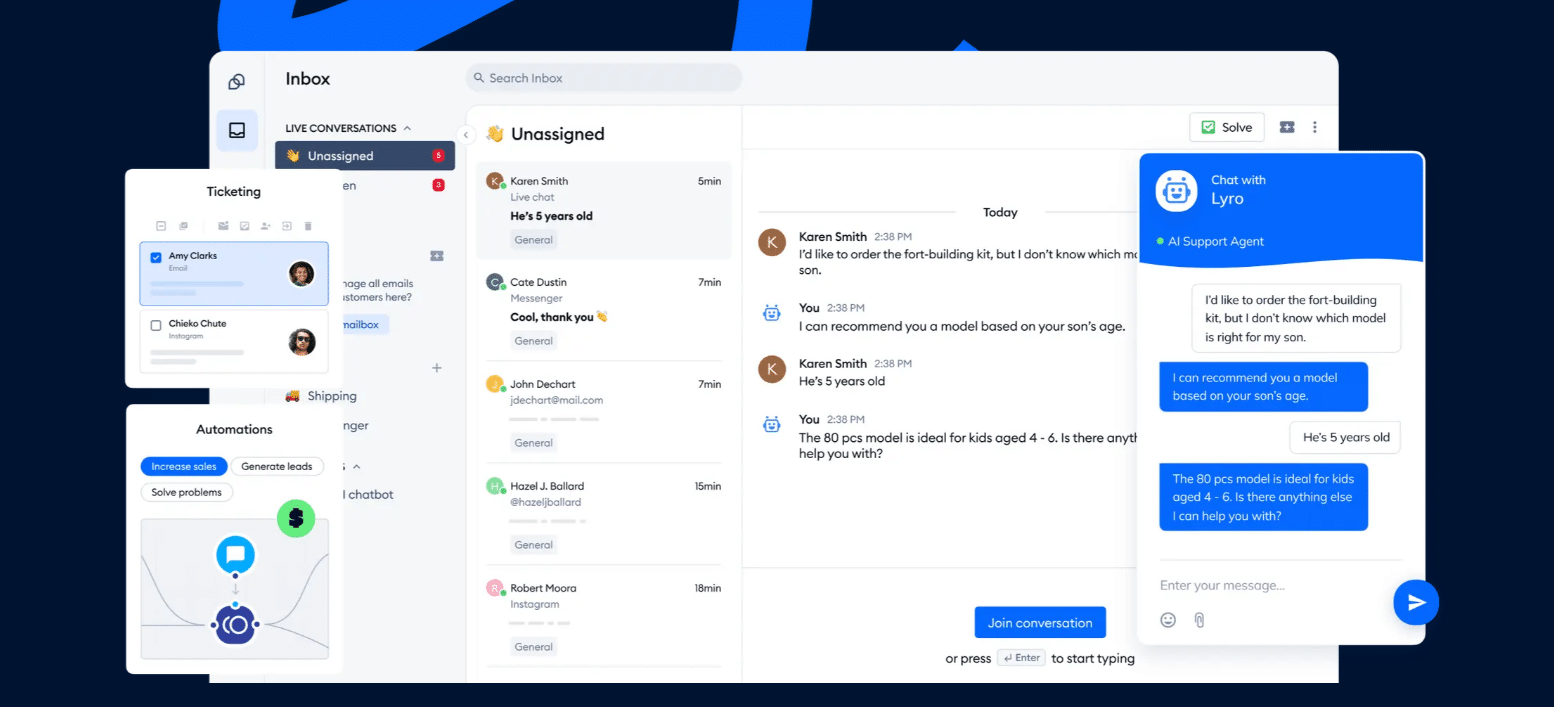 Tidio inbox with a live chat between a shopper and the Lyro AI chatbot