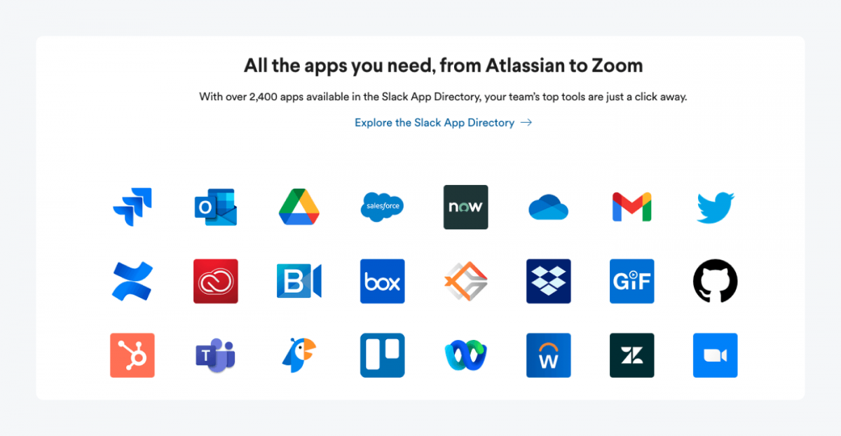 Slack App Directory teaser with icons of apps that are available