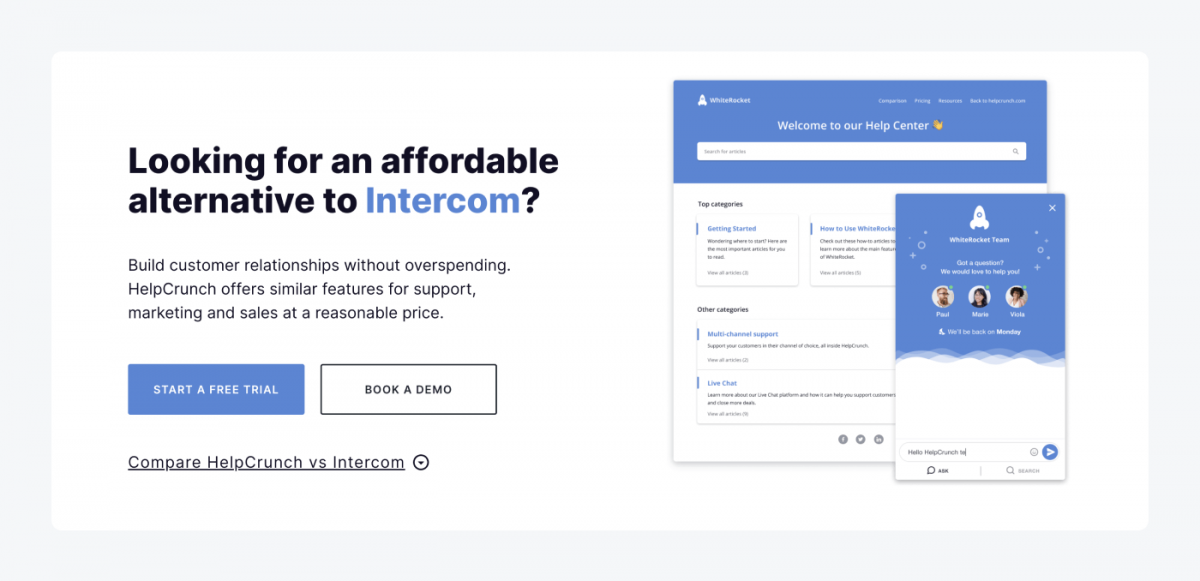 HelpCrunch's intercom alternative landing page