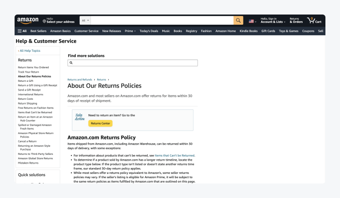 image shows amazon's return policy document