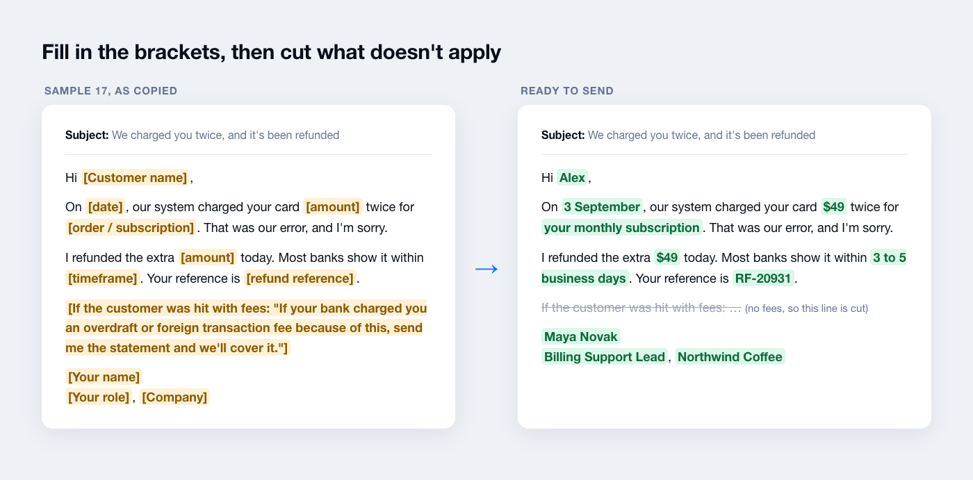 Sample apology email with placeholders in brackets next to the same email filled in and ready to send