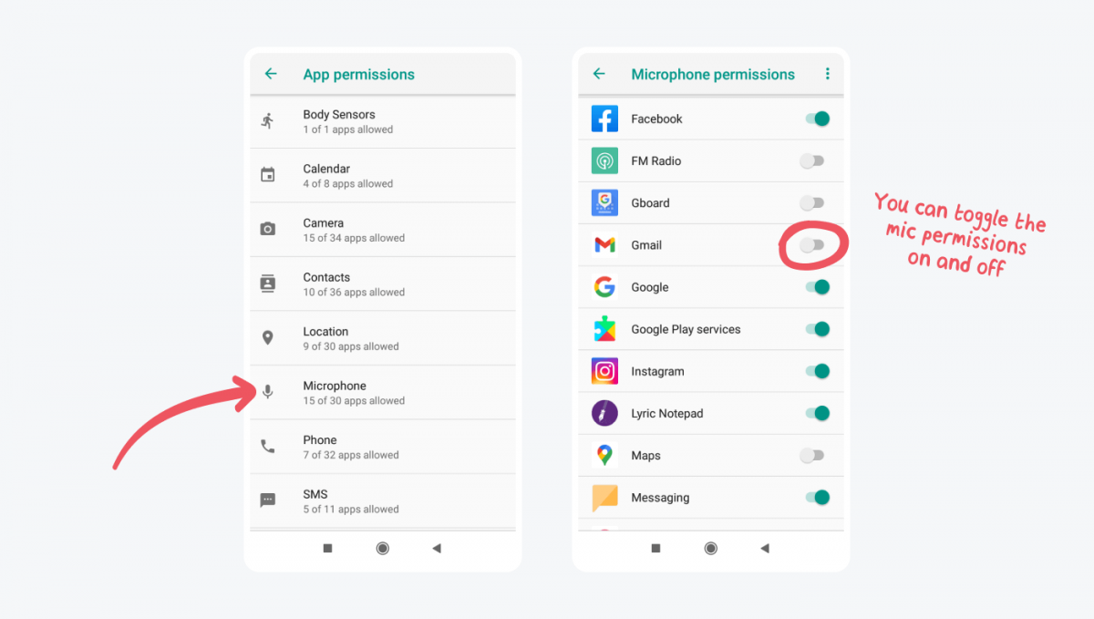 Instruction on turning your microphone permissions off illustrated with screenshots on an Android-based phone