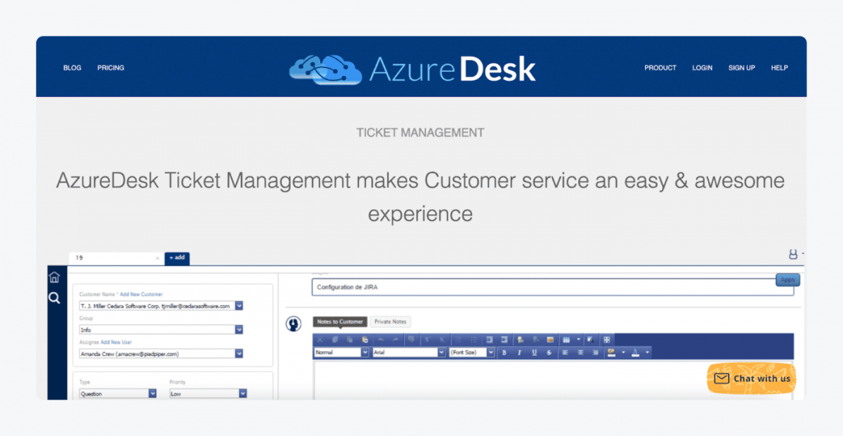 Azure Desk ticketing system homepage