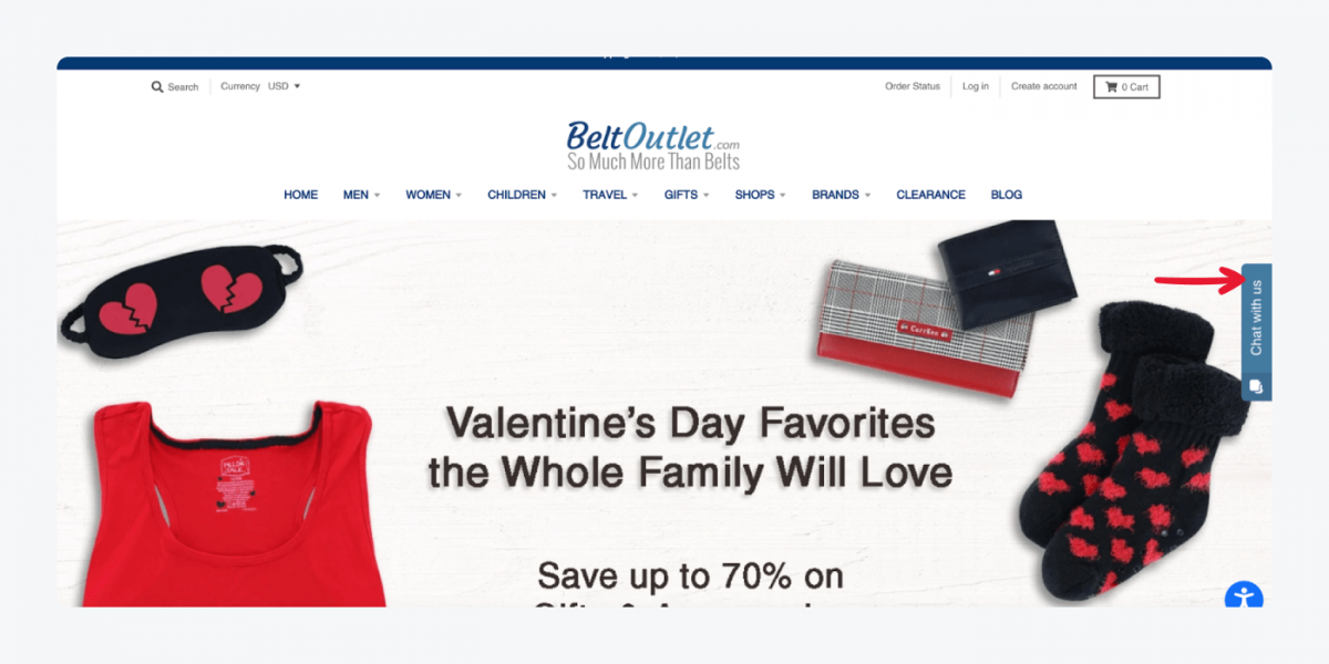 Belt Outlet's homepage with a live chat bar on the right side of the screen