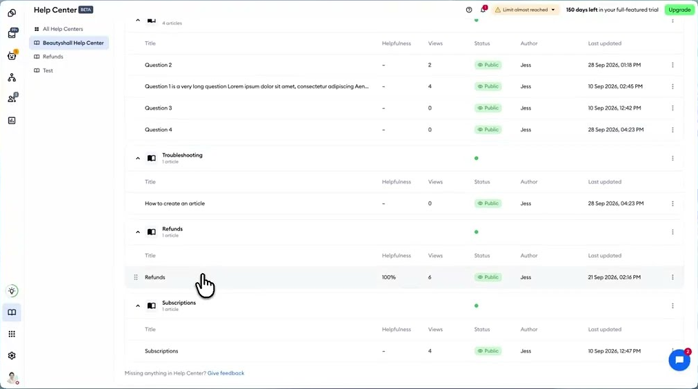Tidio Help Center article list with categories, views and helpfulness ratings