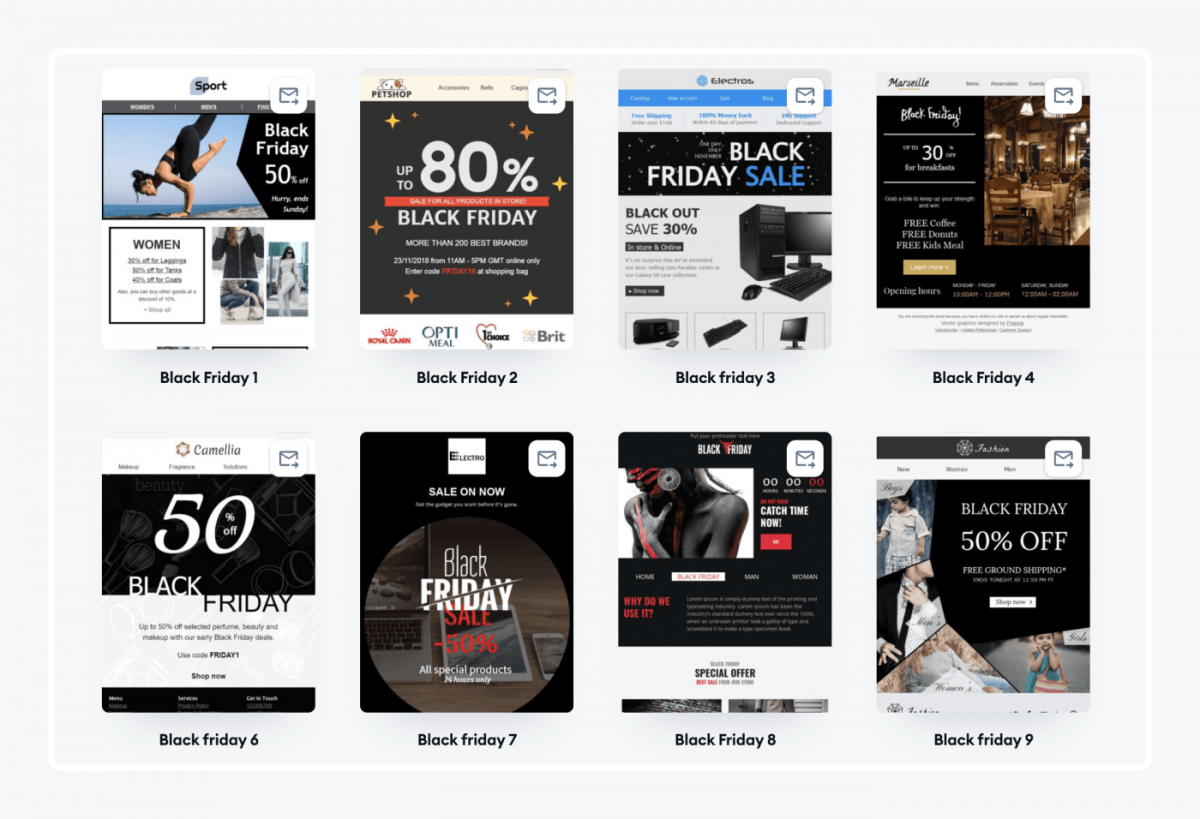 A variety of email marketing templates for Black Friday available in Tidio