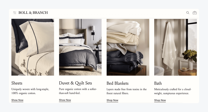 Boll & Branch ejemplo tienda shopify Página principal de Boll & Branch