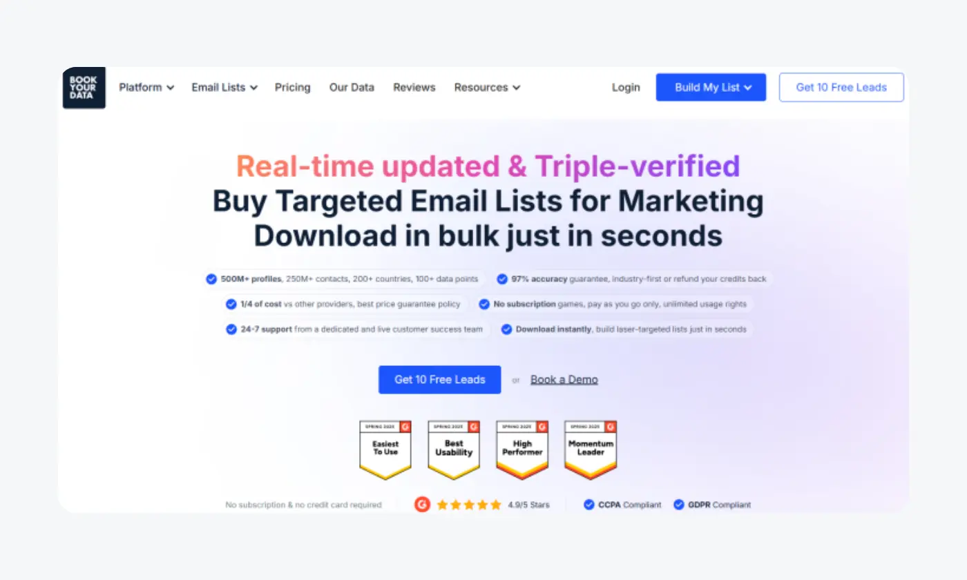 A screenshot of BookYourData home page