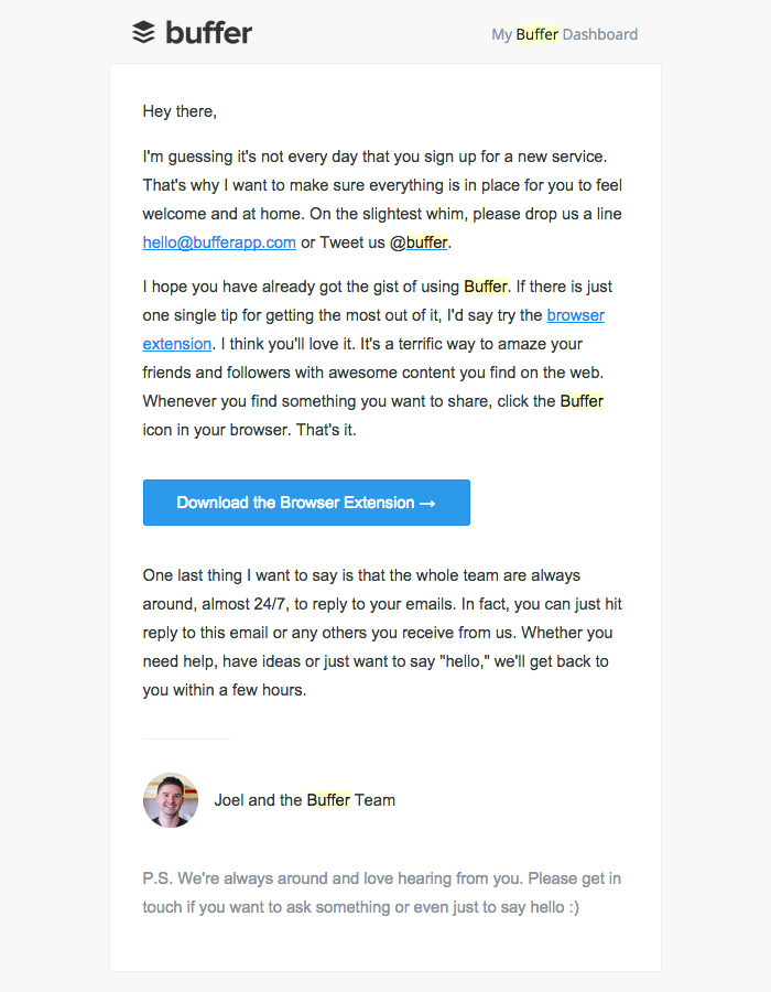 Customer onboarding email example from Buffer