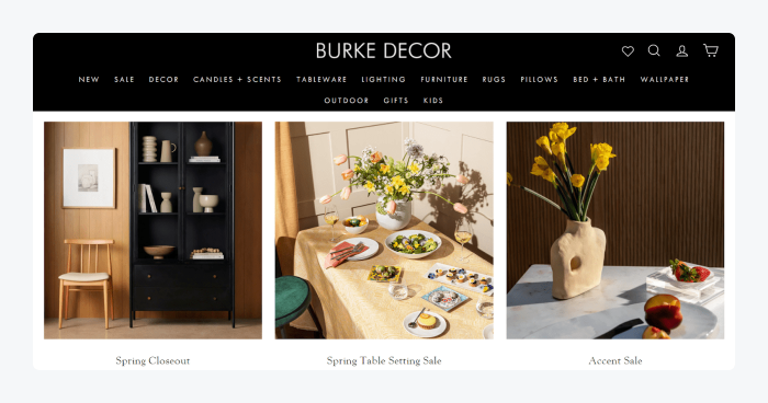 Burke Decor ejemplo tienda shopify Página de inicio de Burke Decor