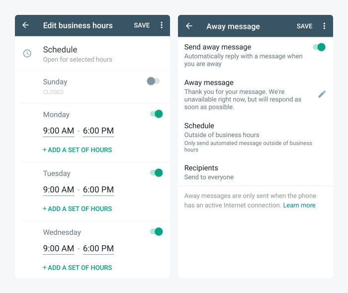 A mobile view of business hour settings in WhatsApp Business App