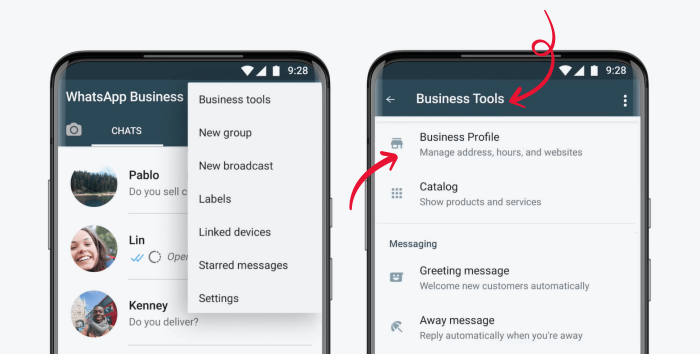 Screenshots showing how access Business tools in WhatsApp Business