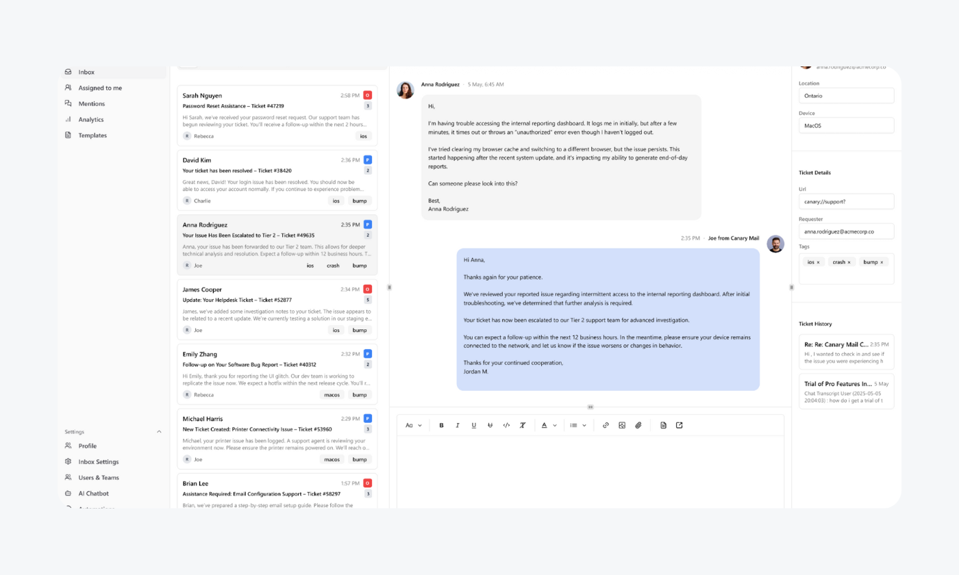 a screenshot of Canary for Support panel