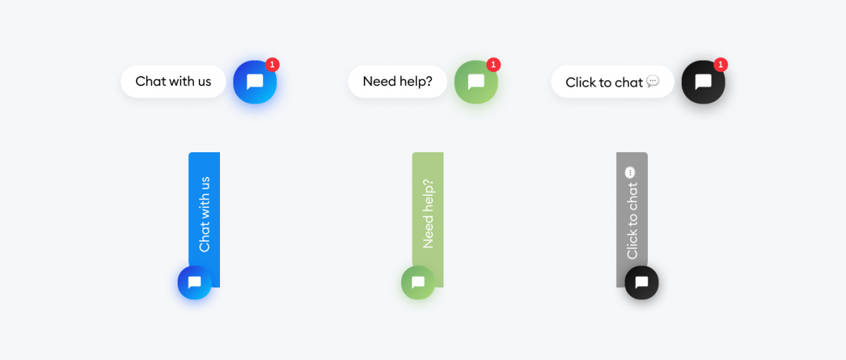 6 examples of live chat icons in blue, green and grey variants.