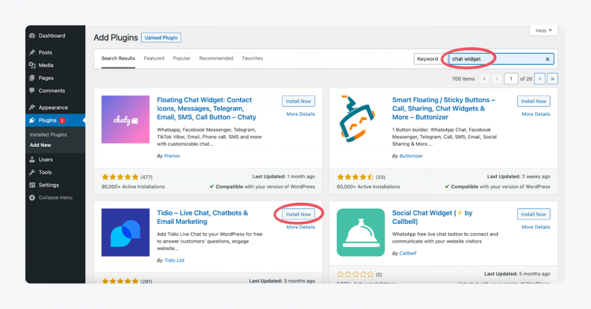 Snapshot of search results for a keyword chat widget in plugins tab in WordPress 