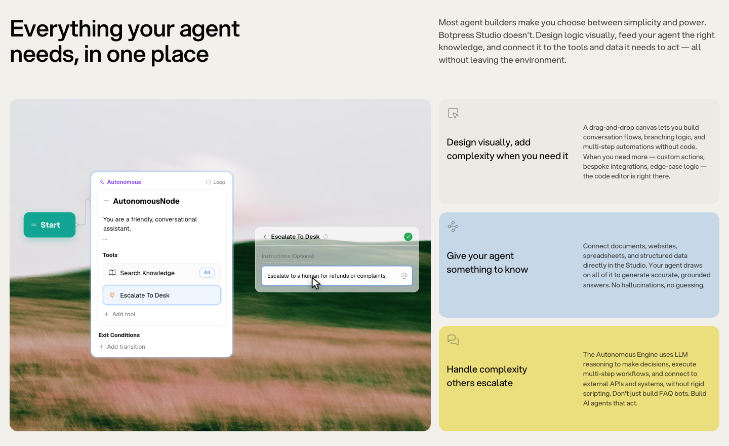 Botpress Studio with an autonomous node, knowledge search and escalation to a human