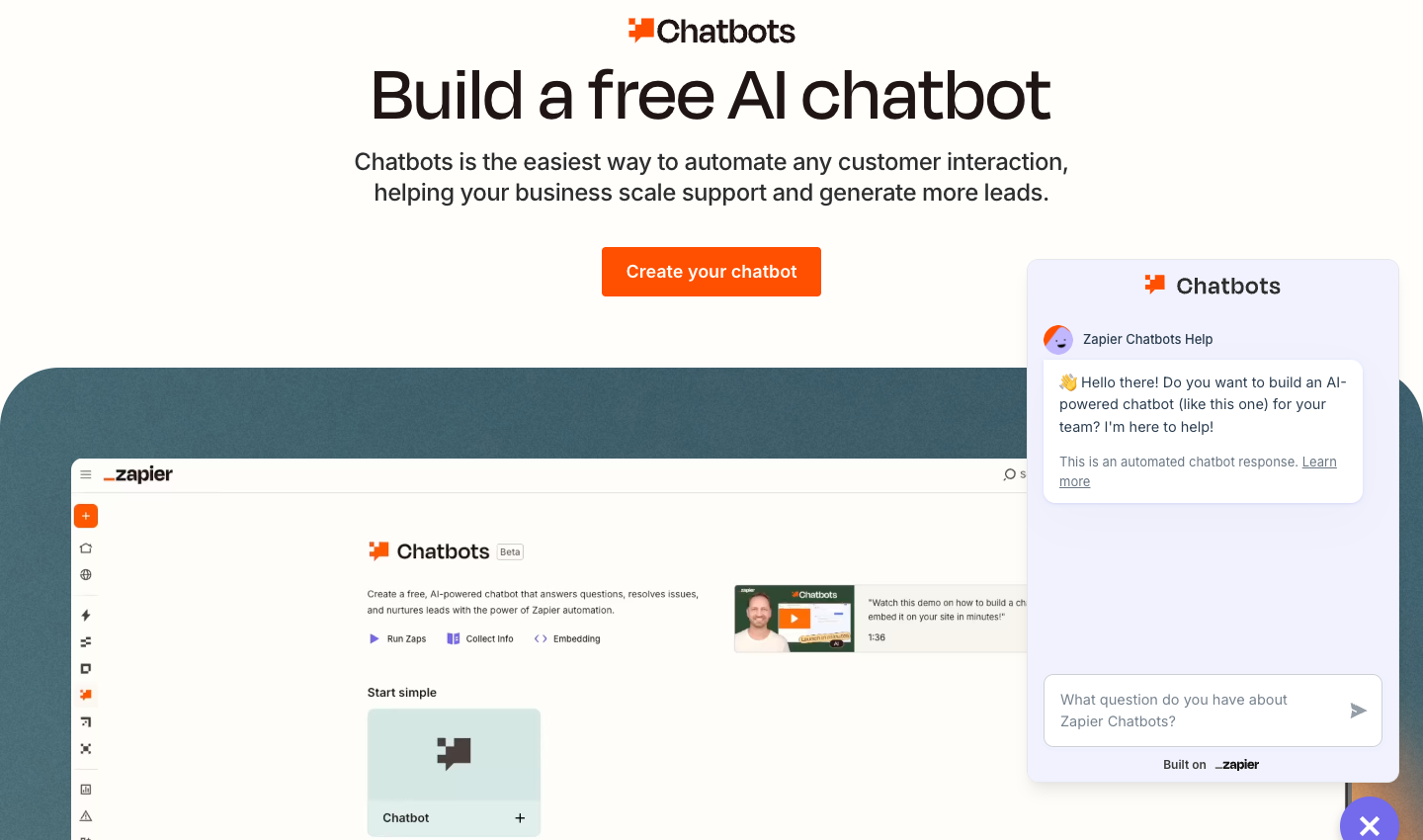 Zapier Chatbots builder and an AI chatbot on the Zapier website
