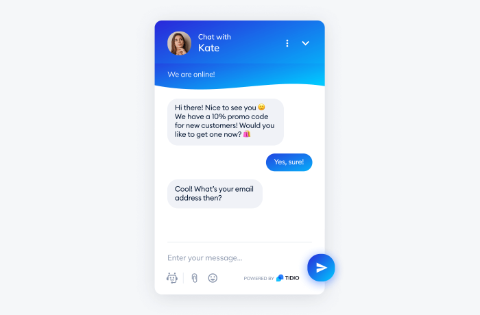 Chatbot asking for customer data in exchange for a discount code for new customers Chatbot asking for email address in exchange for a discount code for new customers