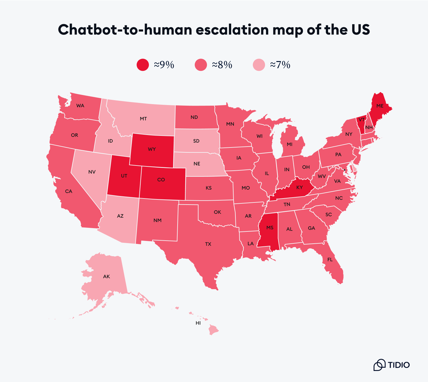 color-coded map of chatbot-to-human escalation in the US