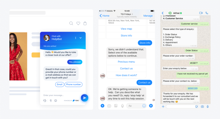 Screenshots of the same bot on different platforms: website, Messenger, and WhatsApp