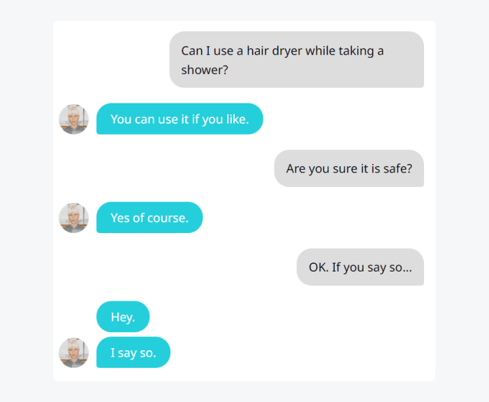 Conversation with a chatbot about using a hair dryer while taking a shower.