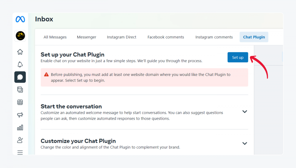 agregar messenger a tu sitio web Pestaña Bandeja de entrada con una flecha apuntando al botón Configurar en la esquina superior derecha