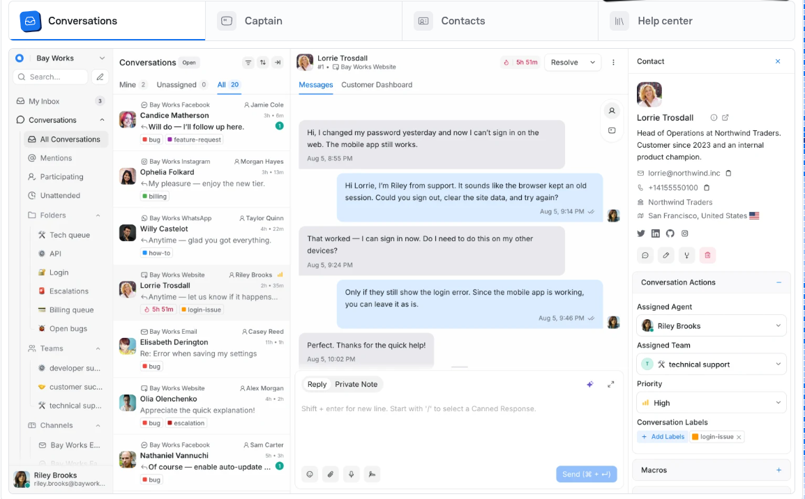 Chatwoot inbox with a conversation list, an open chat, and contact details