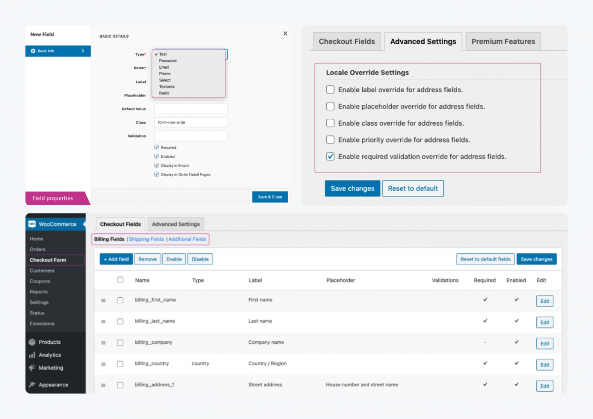 Panel previews of Checkout Field Editor