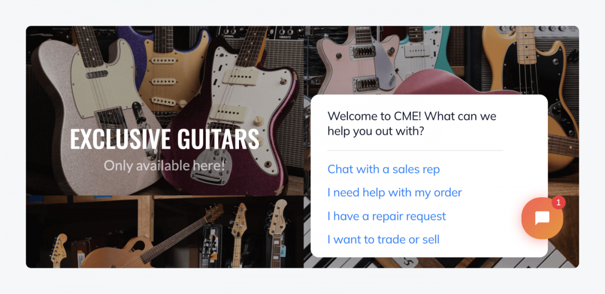 Welcome message in live chat widget on Chicago Music Exchange's website