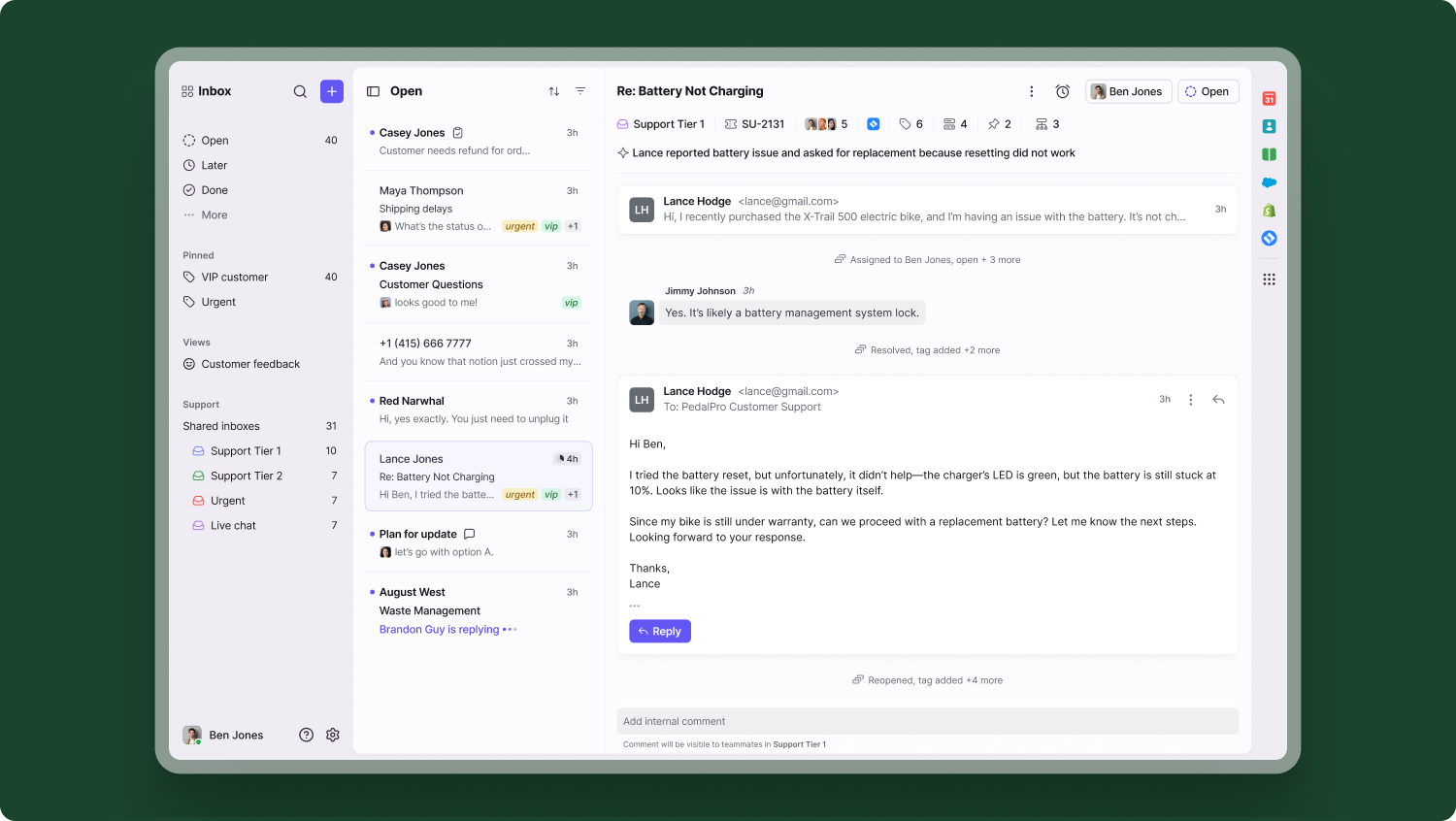 Front shared inbox with an open email thread and teammate comments