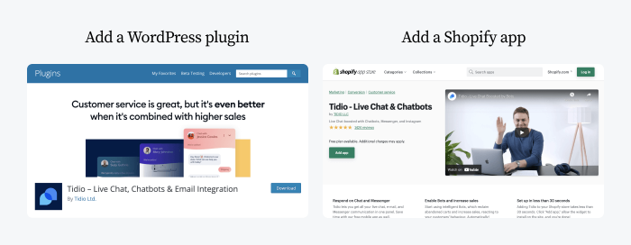 Infographic presenting snapshots of where to find Tidio in Plugins page in WordPress and Shopify's App store
