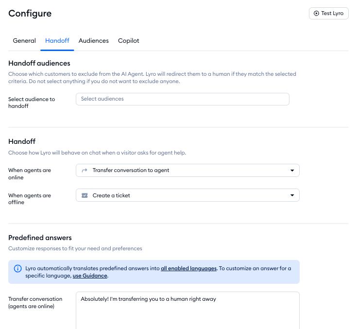 Configure handoff to human agent